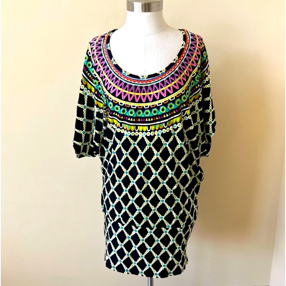 Pretty Palm Springs Trina Turk Classic Bright Colorful Retro Patter Tunic Top M - Picture 1 of 10